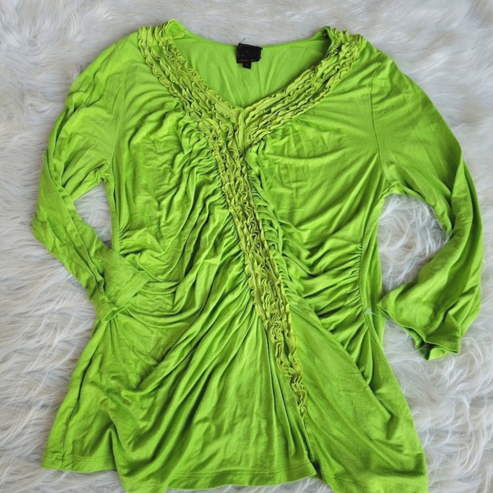 Green Ruched Ruffle Tunic Blouse Colour Works XL